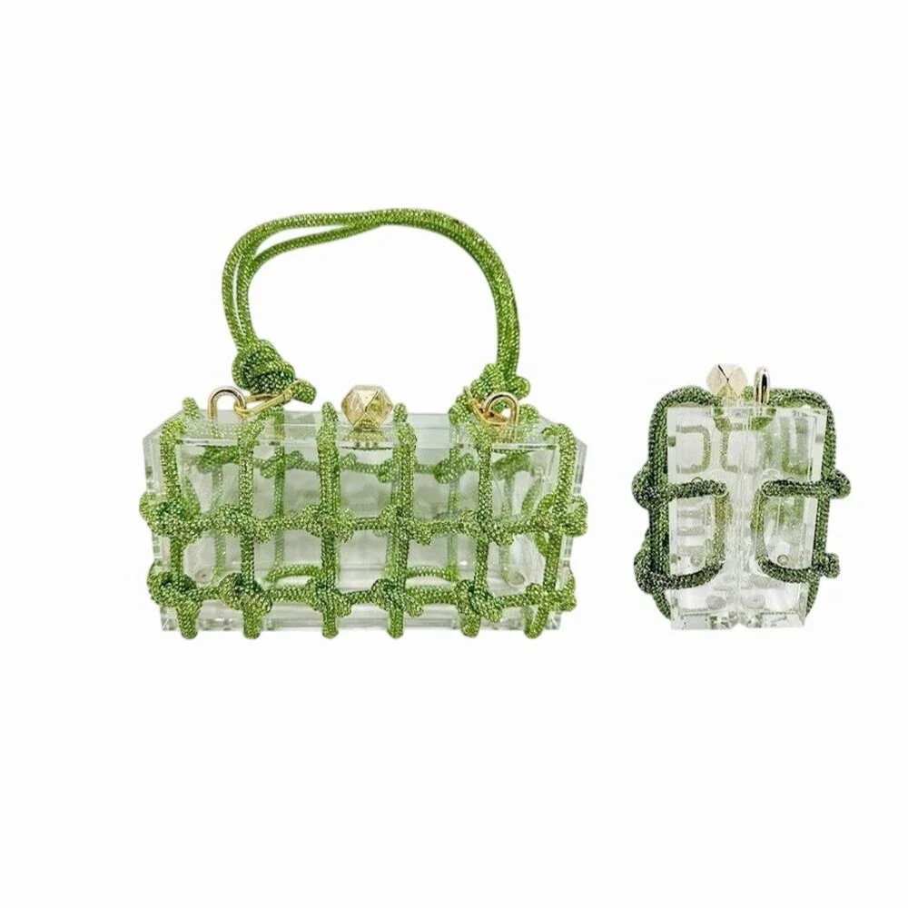 Clear Green Acrylic Box Clutch Purse Beaded Net Overlay Top Handle